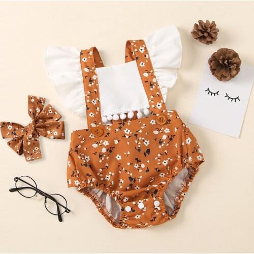 FOCUSNORM 0-24M Newborn Baby Girls Bodysuits Headband Sunflowers Print Ruffles Fly Sleeve Jumpsuits 2pcs