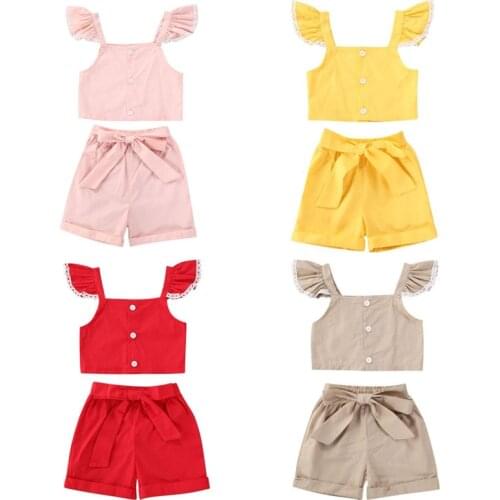 2PCS Kid Baby Girls Summer Clothes Sleeveless Button Vest Tops Solid Belt Shorts Pants Children Girls Casual Outfits 0-4T