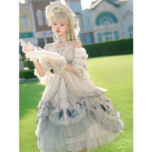 Sweet Lolita Weddin Dress Floral Print Light Gray Rose Girl Elegant Lolita Full Sets