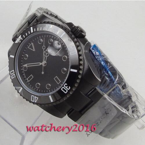 40mm Bliger Black Dial Sapphire Glass PVD Coated Ceramic Bezel Deployment Clasp Automatic Movement mens Watch