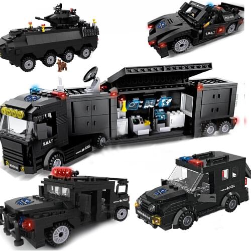 SWAT Team Helicopters Military Vehicle Truck Cruiser Plane Armored Car Model Blocks Kids Toy City Police Station Building Sets