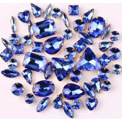 Gold claw setting 50pcs/bag shapes mix Lt sapphire glass crystal sew on rhinestone wedding dress shoes bags diy trim