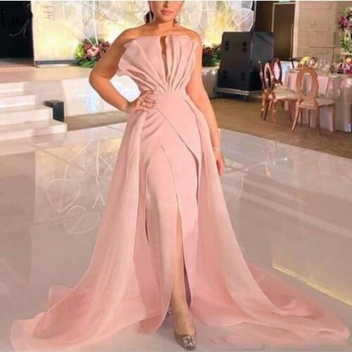 2020 Sexy Pink Strapless Satin Mermaid Long Prom Dresses Ruffles Sweep Train Front Slit Evening Dress African Formal Party Gown
