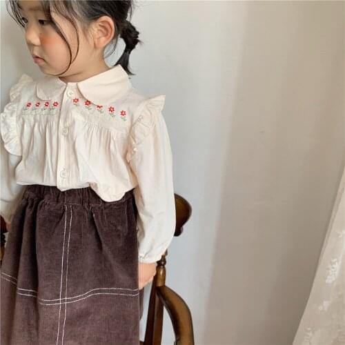 Girls Autumn Embroidered Lotus Leaf Shirt 2021 Autumn New Korean Baby Gir Long-sleeved Flower Lapel Shirt Baby Girl Blouse 2-8Y