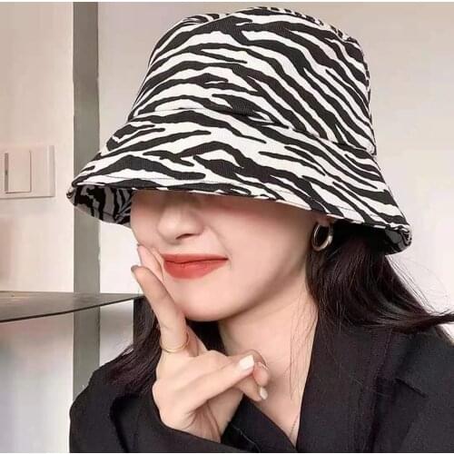 Women Black White Zebra Leopard Pattern Bucket Fishing Hats Foldable Hip Hop Dance Caps Climbing Outdoor Sunscreen Bucket Hat