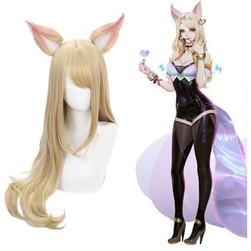 K/DA kda Ahri Nine-Tailed Fox Cosplay Hair Wig + Ear + Wig Cap