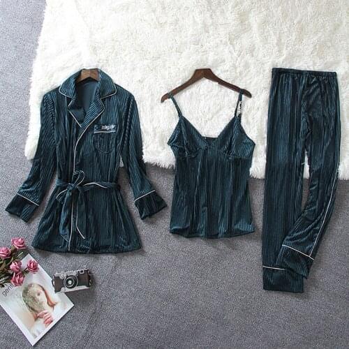 Fdfklak 3PCS Green/Pink Gold Velvet Pajamas Set For Women Warm Pyjama Sexy Lace Autumn Winter Sleepwear Homewear Pijamas