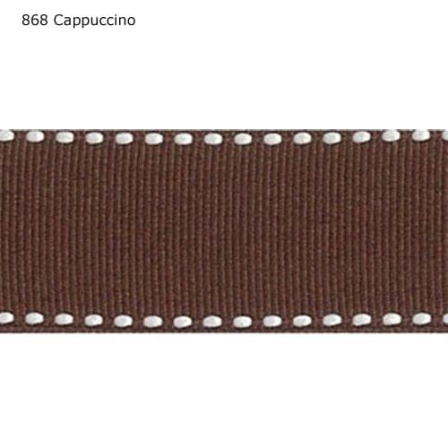 7/8" inch 22mm White stitched Cappuccino grosgrain ribbon