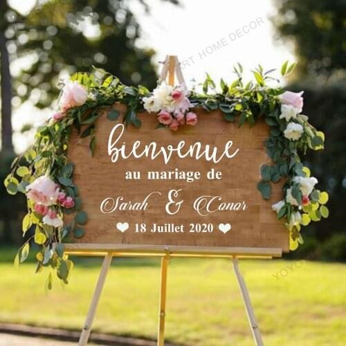 Romantic Bienvenue Mariage Décor Wedding Decal French Style Welcome Wedding Sign Vinyl Stickers Custom Names Wall Sticker Q18