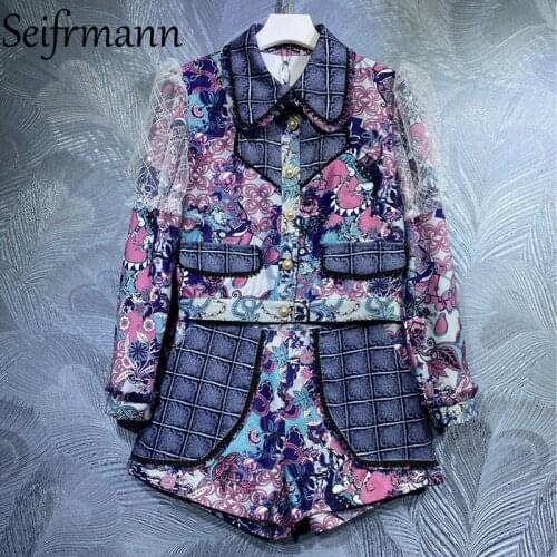 Seifrmann New 2021 Summer Women Fashion Designer Shorts Set Long Sleeve Pockets Tops + High Waist Beading Printed Shorts Suits