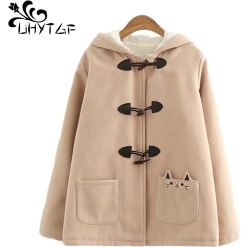 UHYTGF Winter Woman Coat lambswool Plus velvet Warm Woolen Coat Plus size Jacket Long sleeve Hooded Thicken Cotton Outerwear 685