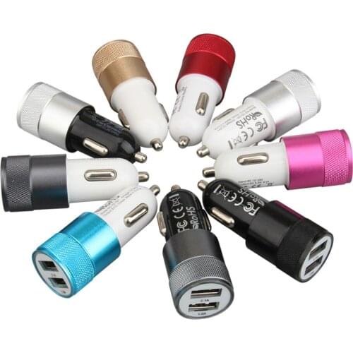 100pcs Universal Car Charger 2.1A+1A Dual USB Metal Alloy Car Chargers for iPhone X XR Samsung S8 S9 Mobile Phone Tablet PC GPS