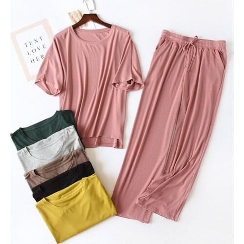 Spring Summer Pajamas Women Loose Large Size Solid Color Modal Thread Short-sleeved Wide-leg Pants Home Service Two-piece Suit