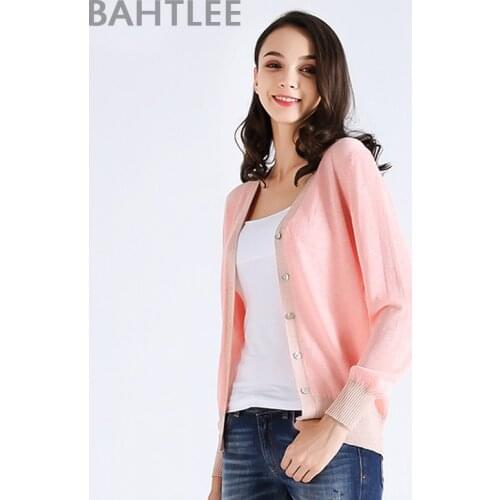 BAHTLEE spring autumn Womens tencel Coat Knitted Cardigan sweater V-neck Long Sleeves wool thin light Button