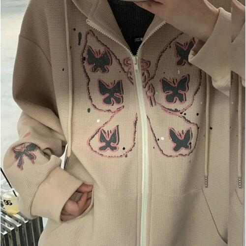 Women Zip-up Hoodie Korean Casual Butterfly Printed Vintage Long Sleeve Sweatshirt Punk Streetwear Harajuku Oversized Outerwear