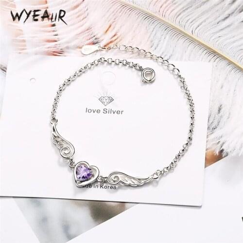 WYEAIIR Simple Sweet Romantic Heart Angel Wings 925 Sterling Silver Female Resizable Bracelets