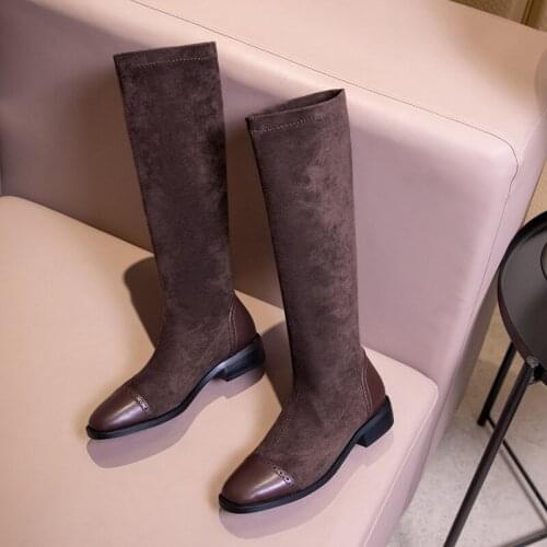 Womens shoes 2021 Knee-High Flock Slip-On Square Toe boots for women big size 31-48