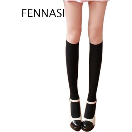 FENNASI Girls Cotton Knee Socks Womans Thigh High Velvet Below Knee Hosiery Student Solid Compression Black Short Stockings