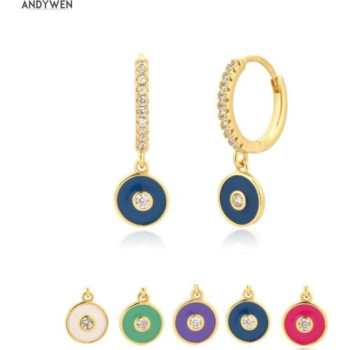 ANDYWEN 925 Sterling Silver Blue Devils Eye Round Coins Drop Earring Zircon Pave Crystal Circle Women Party Jewelry 2020 Luxury