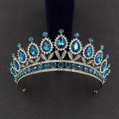2021 Baroque Vintage Blue Crystal Crown Women Headdress Headband Bridal Tiaras and Crowns Wedding Hair Jewelry Accessories Crown