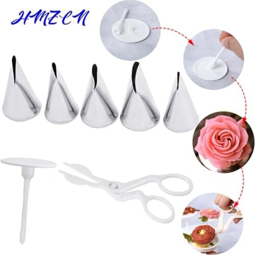 7Pcs/set Flower Scissor+Cake Tray +5pcs Tulips Rose Nozzle Nail Decor Lifter Fondant Cream Transfer Baking Pastry Kitchen