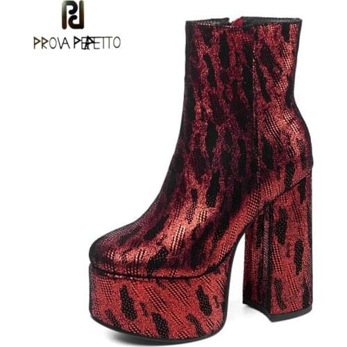 Round Toe Thick Heel Super High Heel Ankle Boots Autumn New Waterproof Platform Side Zipper Printed Leather Martin Boots