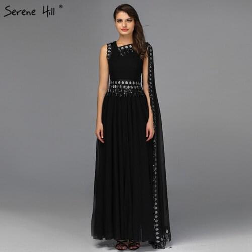 Black Sequined Sashes A-Line Evening Dresses 2020 Sleeveless Ankle-Lenght Evening Gowns Design Serene Hill QA8032