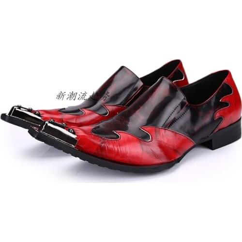 Christia Bella New Metal Pointed Toe Red and Black Genuine Leather Male Shoes Party Nightclub Mens Fashion Large Size Shoes