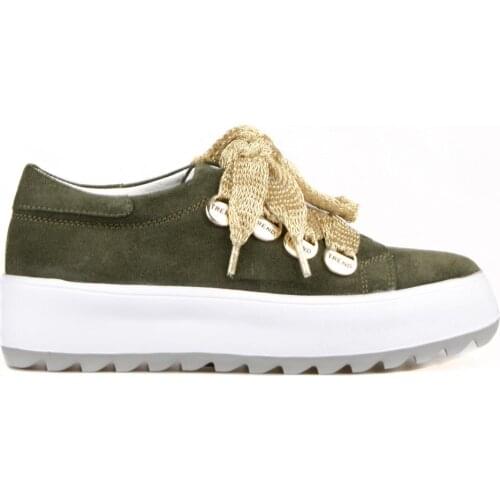 FootCourt- Khaki Suede Genuine Leather Women High-Heeled Sneakers Lace Up Green Shoes Thick Sole Casual Chunky Sole Sneakers new