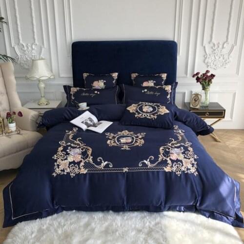 Royal Blue Europe Embroidery 60S Washed Cotton Satin Bedding Set Luxury Duvet Cover Bedspread Fitted Sheet Pillowcase Bedclothes