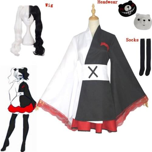 Japanese Anime Monokuma Cosplay Costume Danganronpa Womans Cosplay Wig Kuma Coat and Skirts Suit Halloween For Girl Costumes