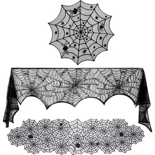 Halloween Lace Spider Web Tablecloth Rectangle Fireplace Scarf Cover Furniture Decoration Lampshade Halloween Party Decor