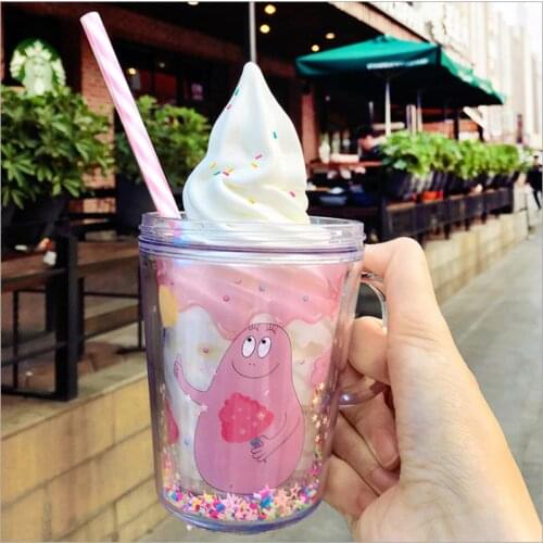 280ML Mugs 2colour Tumbler Portable Cute Cup Cold Drink Dessert Cup Double-layer Leisure and Straw Cup Entertainment Plastic New