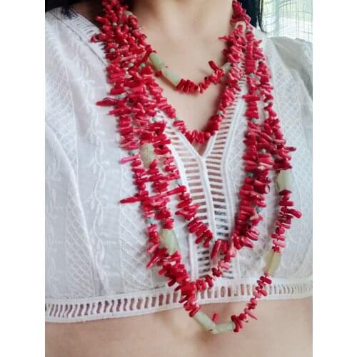 Lii Ji Red Necklace Red Coral Carved Fished Jades Mutil Strands Statement Long Necklace Women Jewelry 56cm