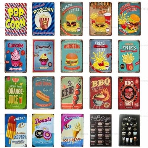 Metal Tin Signs Plaque Retro Bbq Hamburger Popcorn Hot Dog Fries Cupcake Coffee Menu Poster Pub Bar Fast Food Shop Wall Decor