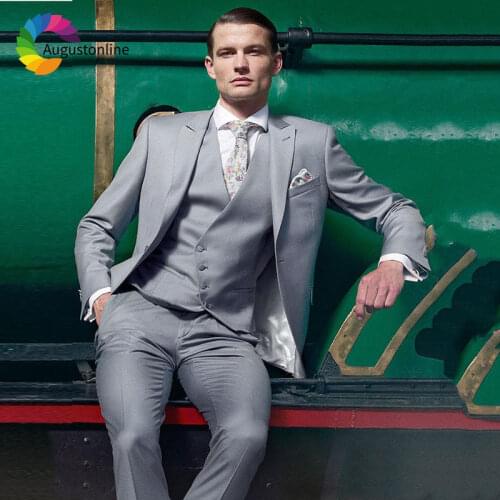 Custom Made Italian Silver Grey Men Suits for Wedding Slim Fit Peaked Lapel 3Piece Blazer Groom Tuxedo Classic Jacket Pant Vest