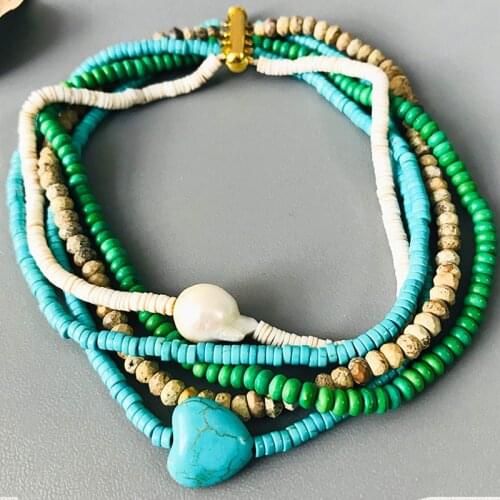 Natural Stone Short Necklace Blue Heart Shaped Stone Baroque Pearl Handmade Womens Jewellery 2020 Summer New Bohemian Collier