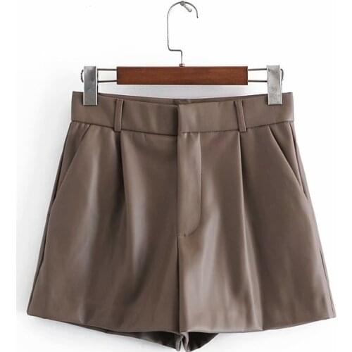 Solid Casual Pu Leather Shorts Women Pleated Elegant Lady Short Pants Zipper Fly Office Wear Shorts Summer Autumn XS-L