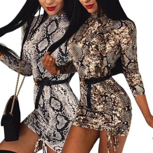 Sexy Women Wrap Dress High-Neck Long Sleeve Bodycon Snake Print Female Summer Evening Party Mini Dress For Ladies