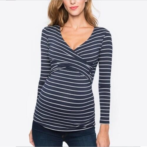 Pregnant Maternity Clothes Nursing Tops Striped Tees V-neck Breastfeeding Shirt Long-sleeved Pregnant Women Clothes Two Colors