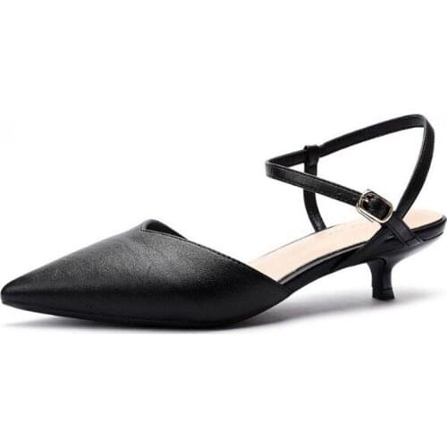 Sandals Women Mid Heel Summer Slip-on Buckle Ladies Shoes Buckle Strap Pointed Toe PU 3-5CM Thin High Heels women shoes black