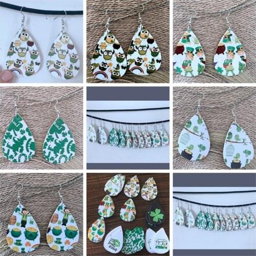 St Patricks Day Faux Leather Earrings 12Pairs / Set Hat Clover Leaf Printed Earrings 2021 Mix Color Can Be Choose