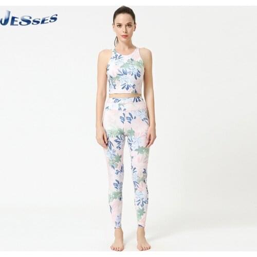 Fitness Sports Yoga Tracksuit Flowers Printed Bra Vest + Skinny Pants Workout Outfits For Female Gym Fitness Clothing 2 Pcs Sets