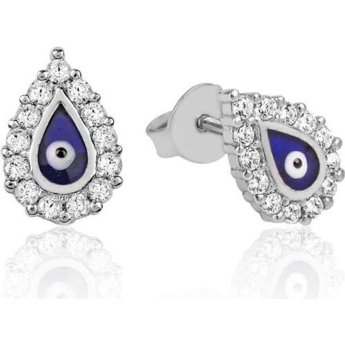 Tevuli 925 Sterling Silver White Cubic Zirconia Evil Eye Drop Studded Earrings