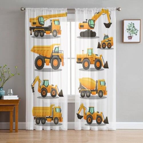 Cartoon Excavator Truck Tulle Curtains for Bedroom Home Decor Living Room Kitchen Voile Curtains for Blind Drapes