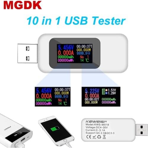 10 in 1 USB Tester 4-30V Voltage Cureent DC Digital Meter Timing Ammeter Monitor Power Bank Capacity Charger Indicator