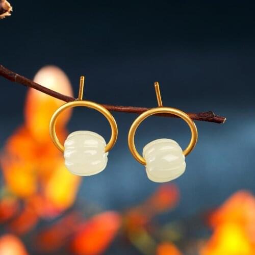 Antique Style S925 Sterling Silver Inlaid Natural Hetian Jade Gold Plated Antique Style Special-Interest Design Personality All