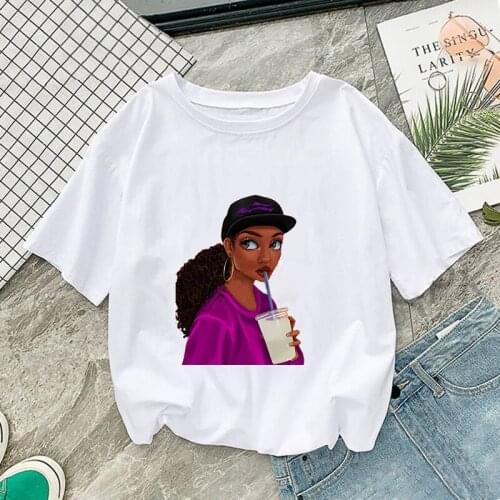 Plus Size Women T-Shirt Black Girl Print Kawaii Shirt Women O Neck Short Sleeve Tees Summer Female T Shirt Tops Clothes