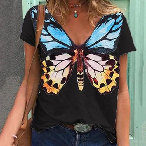 Women Summer Butterfly T Shirt Harajuku Fashion Insect Animal Printed Plus Size V Neck Short Sleeve Tops Vintage T-shirt