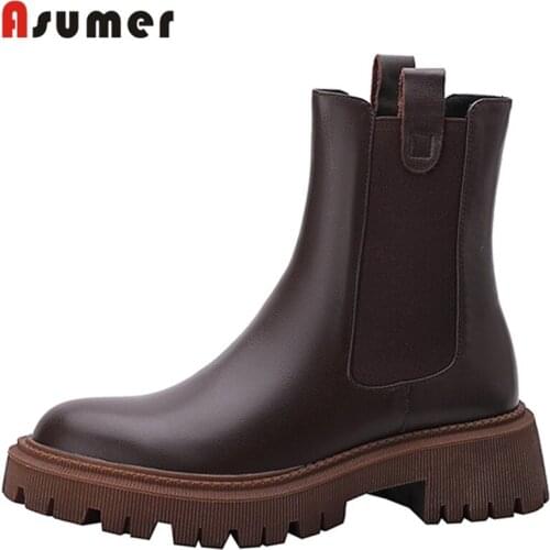 Asumer Hot Sale Cow Leather Shoes Elastic Band Square Heels Ankle Boots Platform Comfortable Female Boots Winter Top Quality